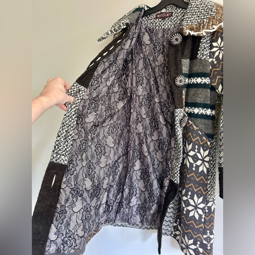 KESSLEY Patchwork Fair Isle Sweater Coat Boho Art Wear Nordic Lagenlook Sz Small - Picture 15 of 16